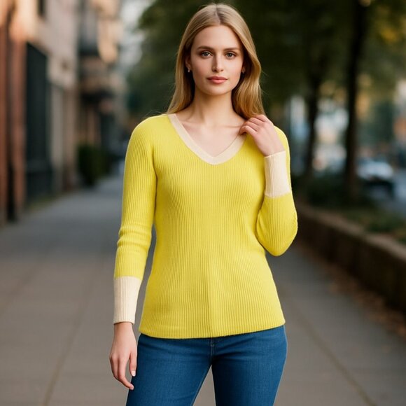 NWT TALBOTS V-NECK PULLOVER - TIPPED COLOR  YELLOW CHIFFON - Picture 1 of 5